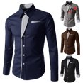 thumbnail image 3 of Am moda hombres cuello de pie manga larga Color bloque botón hasta camisa Slim Fit Toppangjing, 3 of 4