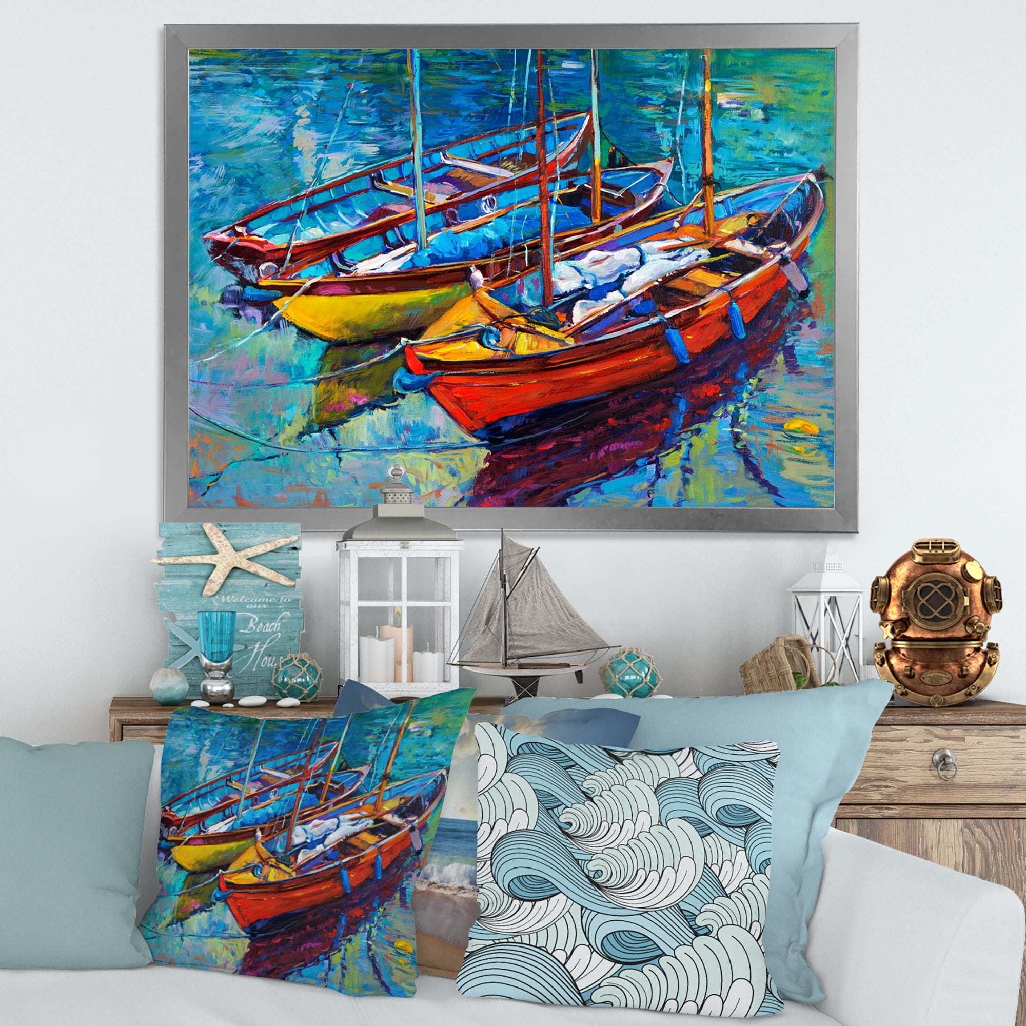 Designart 'Three Colorful Boats In The Harbor' Nautical & Coastal Framed Art Print