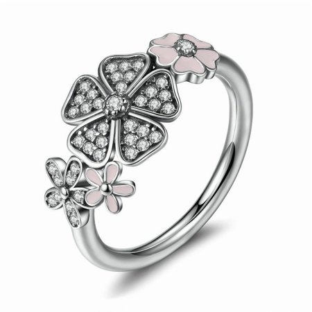 Women Fashion 925 Sterling Silver Pink Folower Ring