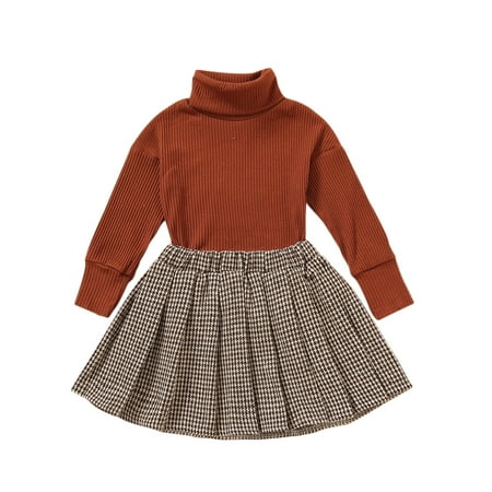 

Baby Girls Casual Two-piece Clothes Set Turtleneck Knitwear and Pleated Skirt