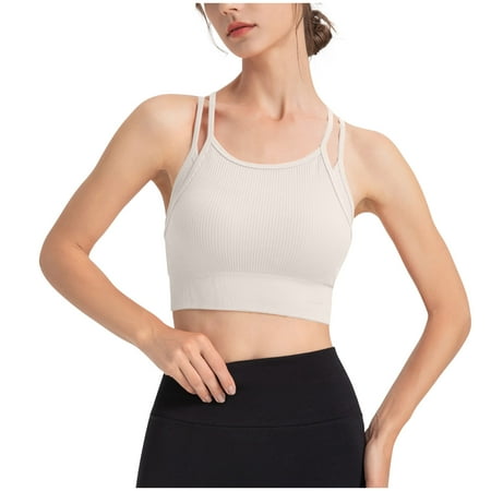 Bigersell Workout Crop Tops for Women Strappy Back Wireless Yoga Sports Bras Ribbed Sleeveless Cropped Tank Tops with Built in Bras Pull-On Closure Padded Bra Wire-Free Bralette White XL