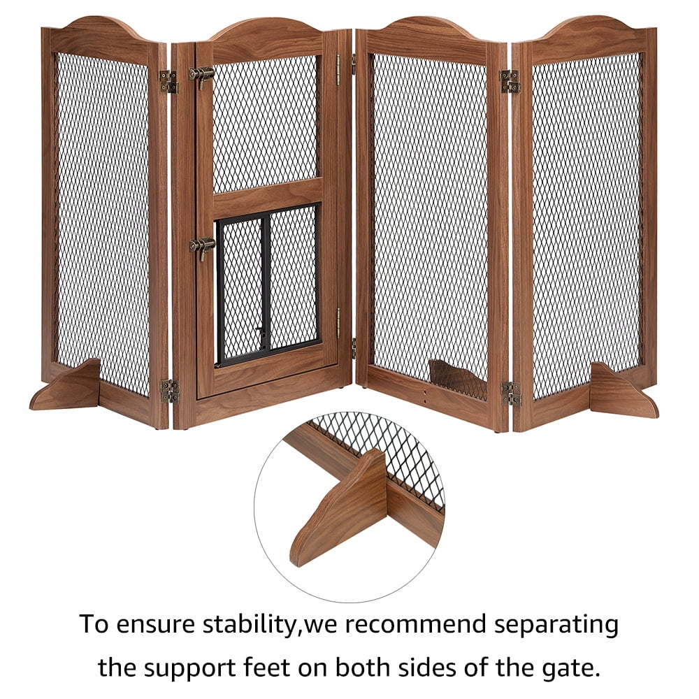 Unipaws Freestanding Pet Gate with Small Cat Door, Wooden Dog Gates with 3 Support Feet, Walnut