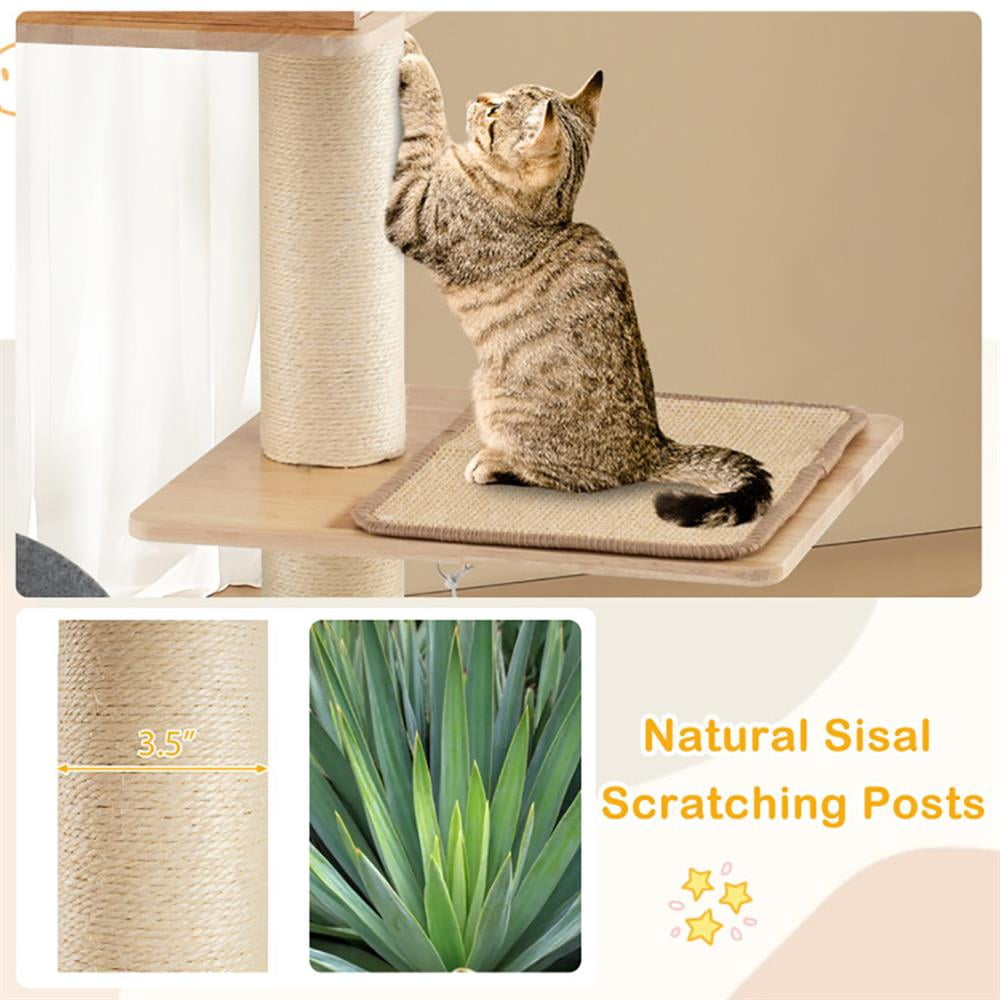 Resenkos Cat Scratching Tower,Cat Tree, Modern Tall Cat Tower with Double Condos with Dangling Balls and Sisal Carpets-Natural
