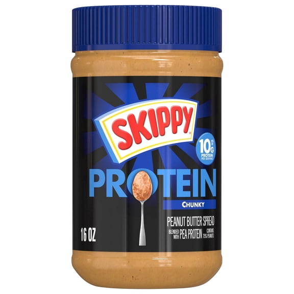 SKIPPY Chunky Peanut Butter blended with Pea Protein, Dairy-Free, 10g Protein (15% DV), 16 oz Jar