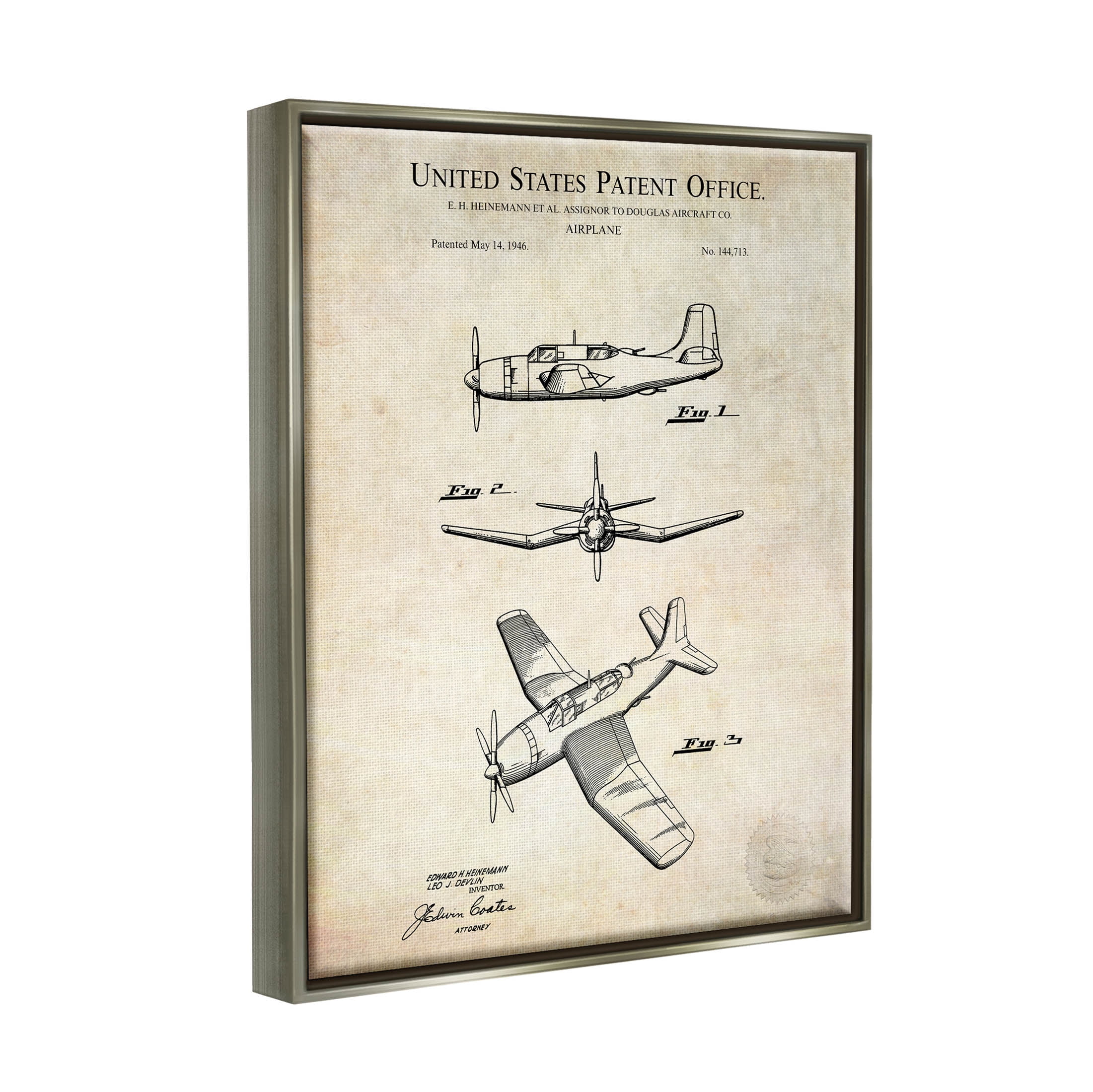 Stupell Industries Vintage Distressed Patent Airplane Graphic Art Luster Gray Floating Framed Canvas Print Wall Art, Design by Karl Hronek