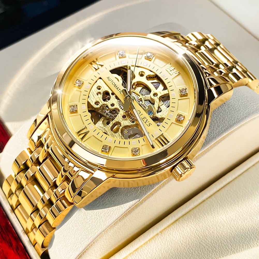 OLEVS Skeleton Watches for Mens Automatic Mechanical self Winding Diamond Luxury Business Dress Stainless Steel Waterproof Luminous Mens Wrist Watches Reloj Para Hombre Blue/White/Black/Gold Dial
