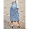 thumbnail image 4 of Women's Denim Skirt Long Jean Dress High-Waist Front Split Frayed Raw Hem A-Line Skirt with Pockets Casual Light Blue, 4 of 6