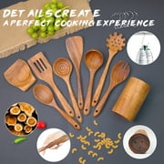 9-Piece Wooden Spoons for Cooking-Comfort-Grip Wooden Utensils for Cooking-Smooth Finish Wooden Cooking Utensils with Utensils Holder-Wooden Kitchen Utensil Set with Spoon Rest & Hooks