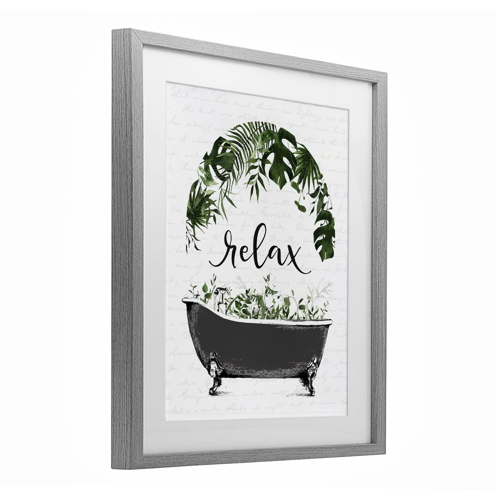 Tropical Bath Relax Gray Framed Print Under Glass, design by Lettered and Lined
