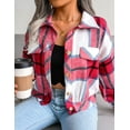 thumbnail image 2 of SEARIPE Women's Casual Plaid Fleece Crop Shirt Jacket Shacket Long Sleeve Button Lapel Jacket Coat with Pockets Red XS, 2 of 5