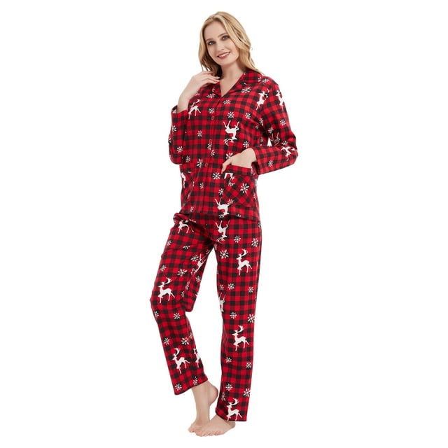 GLOBAL Women's Flannel Pajama Set - 100% Cotton, Button Down Top & Drawstring Pants | Warm Winter Sleepwear for Canada
