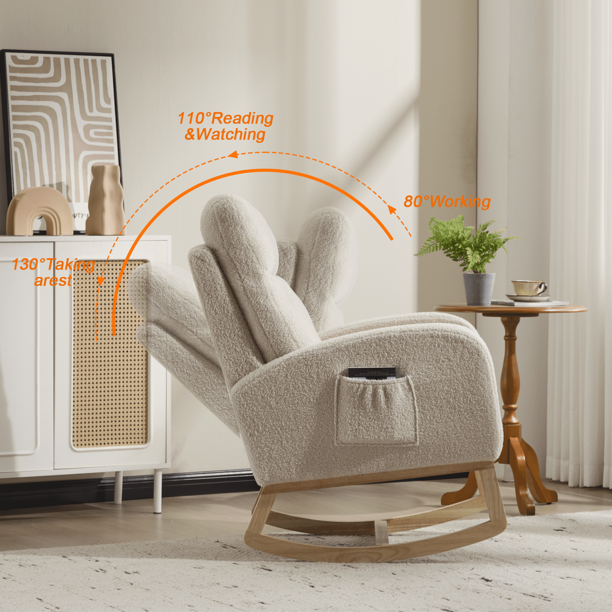 Leumius Rocking Chair Nursery, Teddy Fleece Upholstered Glider Rocker Chairs w/ Curved Solid Wood Base & Side Pocket,Modern High Backrest Nursing Accent Rockers for Living Room, Bedroom,Beige