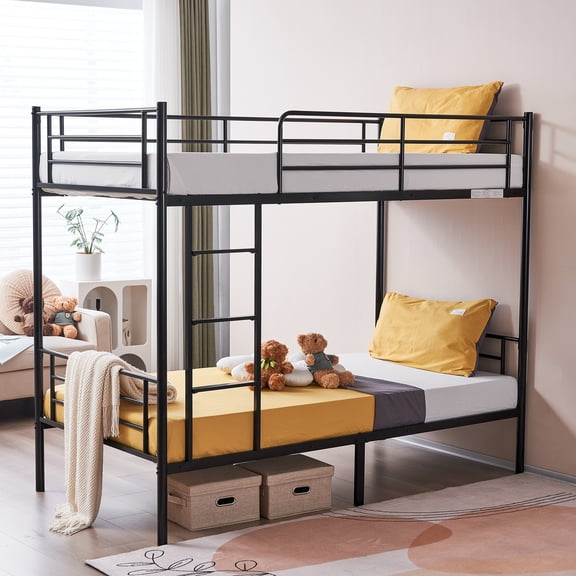 Iron Bed Bunk Bed with Ladder for Kids Twin Size Black