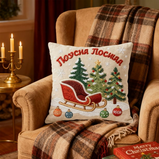 Festive Christmas Decorative Linen Pillows Cover With Graphic Print Cute Animals 18x18 Inches