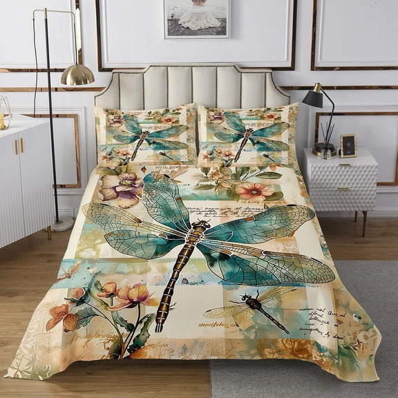 Erosebridal Blue Dragonfly Bedspread Sets King Size, Succulent Floral Bed Quilt, Mother's Day Decor, 3pcs