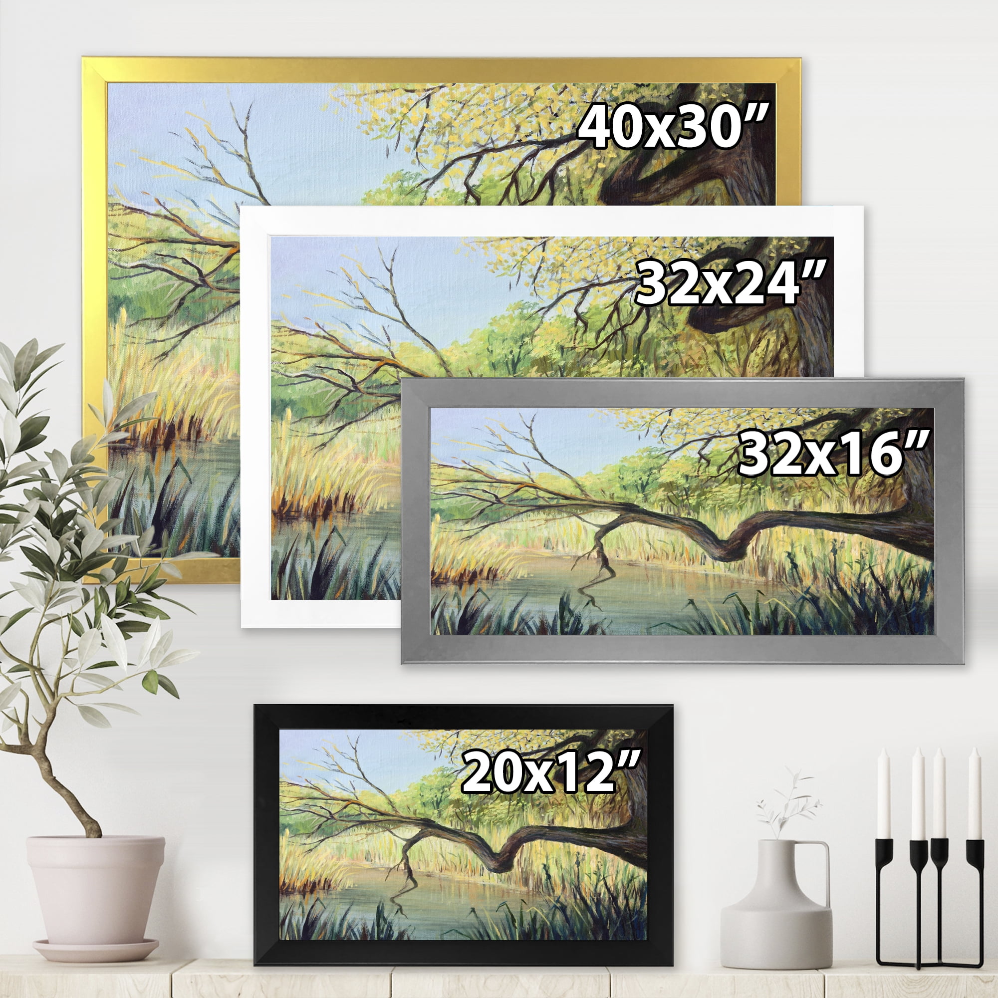 Designart 'The Lake of Silence From The Tree' Lake House Framed Art Print