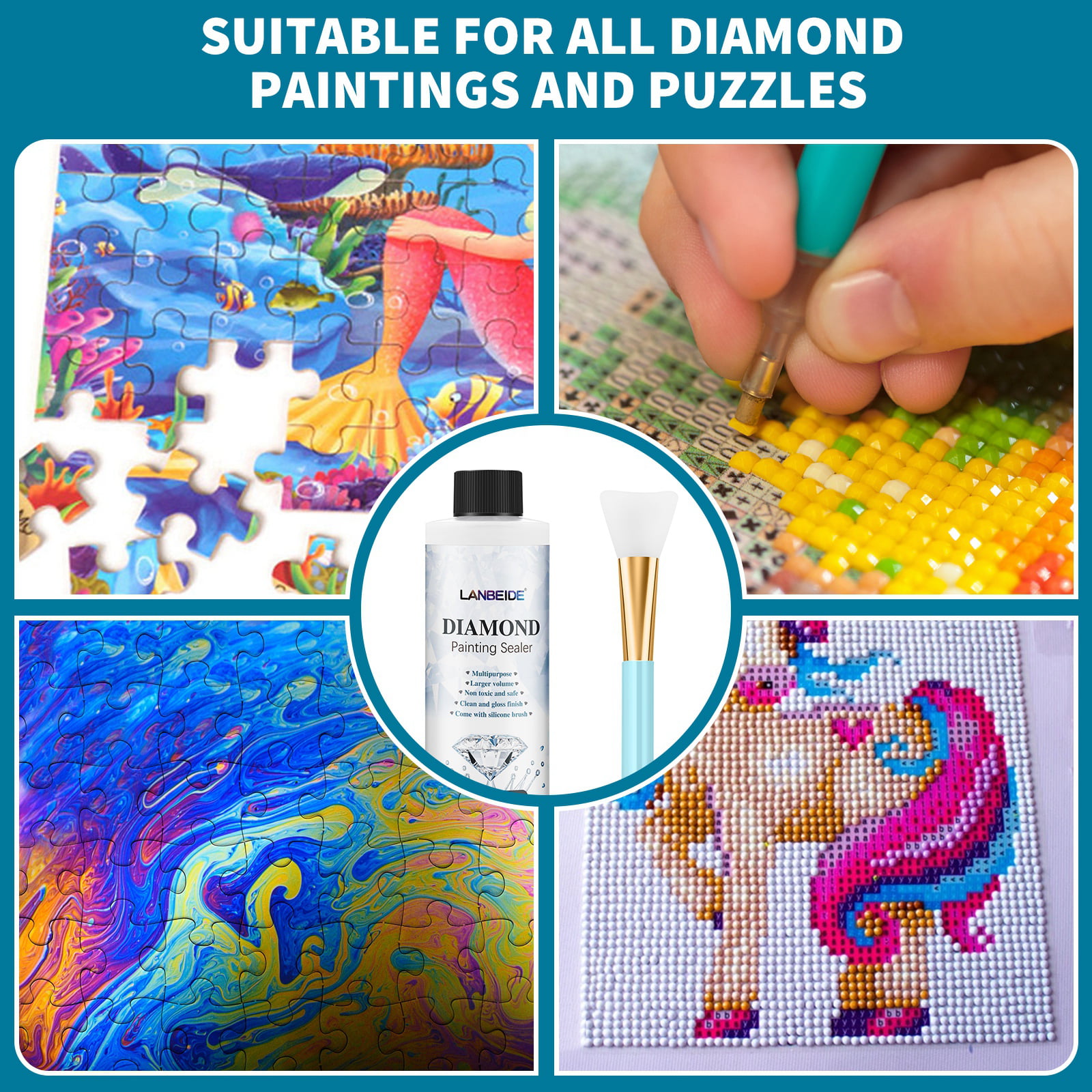  LANBEIDE Updated Diamond Painting Sealer 200ML with Silicone  Brush, 5D Diamond Painting Glue Sealer Permanent Hold & Shine Effect  Conserver for Jigsaw Puzzles (7 OZ) : Arts, Crafts & Sewing