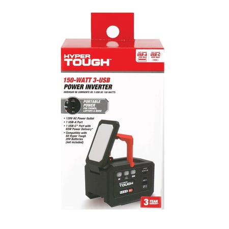 HYPER TOUGH 20V POWER INVERTER 150-WATT, 3-USB PORTS, NEW