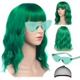 thumbnail image 1 of Juego de peluca y gafas de sol verdes – Peluca ondulada de 15 pulgadas con flequillo – Peluca Bob resistente al calor – Peluca ondulada corta y rizada – Pelucas hasta los hombros para mujeres – Peluca, 1 of 5