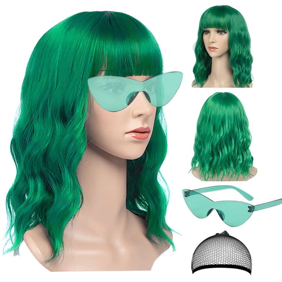 Juego de peluca y gafas de sol verdes – Peluca ondulada de 15 pulgadas con flequillo – Peluca Bob resistente al calor – Peluca ondulada corta y rizada – Pelucas hasta los hombros para mujeres – Peluca