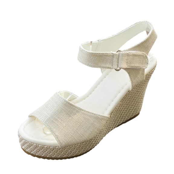 CYMMPU Women's Peep Toe Wedge Sandals, Adjustable Buckle Ankle Strap Espadrille Platform Shoes, Casual Summer Outdoor Walking Footwear White 36