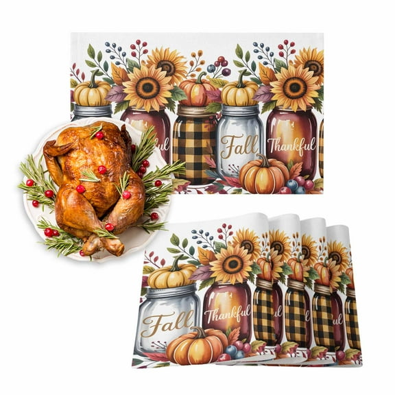 Fall Placemats Set of 4 Sunflower Pumpkin Bottle Place Mats Thanksgiving Placemat Autumn Berry Table Mats for Dining Kitchen Table Holiday Dinner Party Home Fall Decorations 13x19 Inch