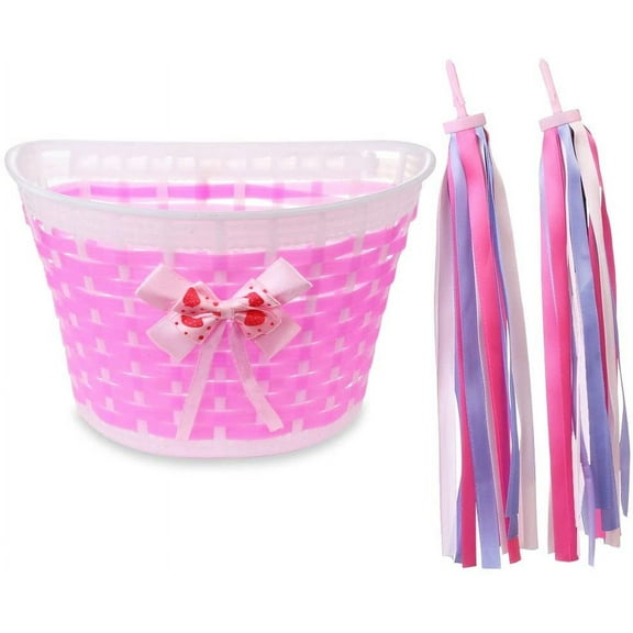 MINI-FACTORY Girl's Bike Pink Basket Streamer Set, Basket with Streamers Bike Accessory Gift Set for Bicycle Handlebar