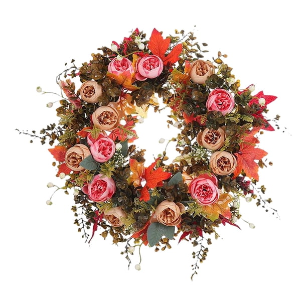 Corona artificial de otoño con flores de arce para colgar en la pared, puerta o ventana. 40cm