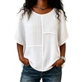 thumbnail image 4 of HOSIA Womens Vertical Textured Patchwork Top Round Neck Half Sleeve Casual Loose Fit Summer Blouse Lightweight Comfy Flowy Plain Gauze Tunic Shirts Plus Size Beach Vacation Outfits White Xxl, 4 of 6