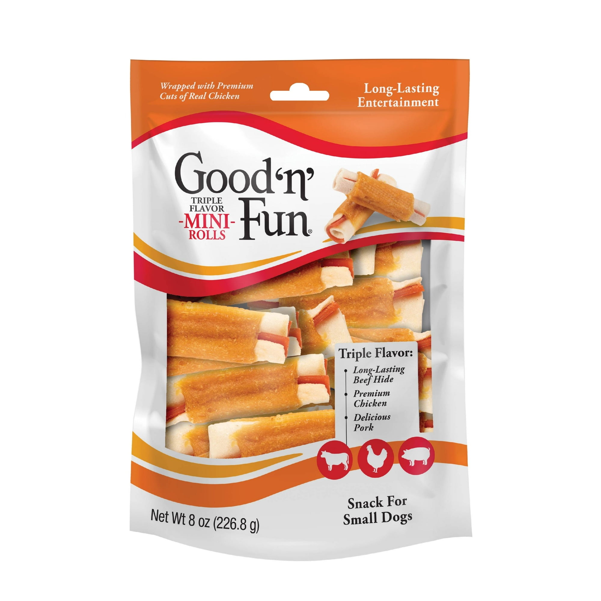 Good ‘n’ Fun Triple Flavor Mini Rolls, Long Lasting Dog Chews, 8 oz