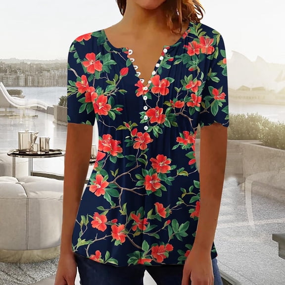 Xuyuer Womens Summer/Spring Dressy Casual Blouse Short Sleeve V-neck Tunic Tops with Button Pleats Pleated T-Shirts for Work