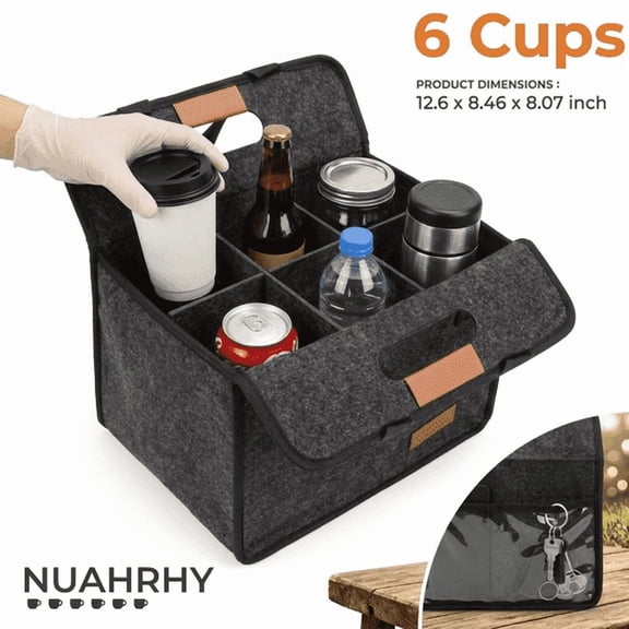 Drink Carrier Bag 6-Cup, Insulated Reusable Caddy with Foldable Handle, Felt Drink Holder Bag for Car and Delivery, Dark Gray