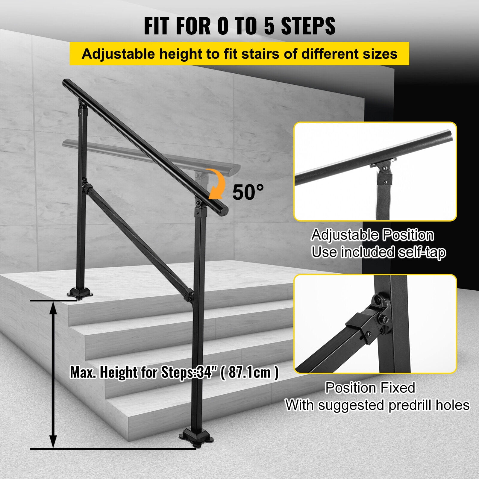 BENTISM Iron Handrail Stair Railing Hand Rail Kit Fit for 0-4 Steps Outdoor Black