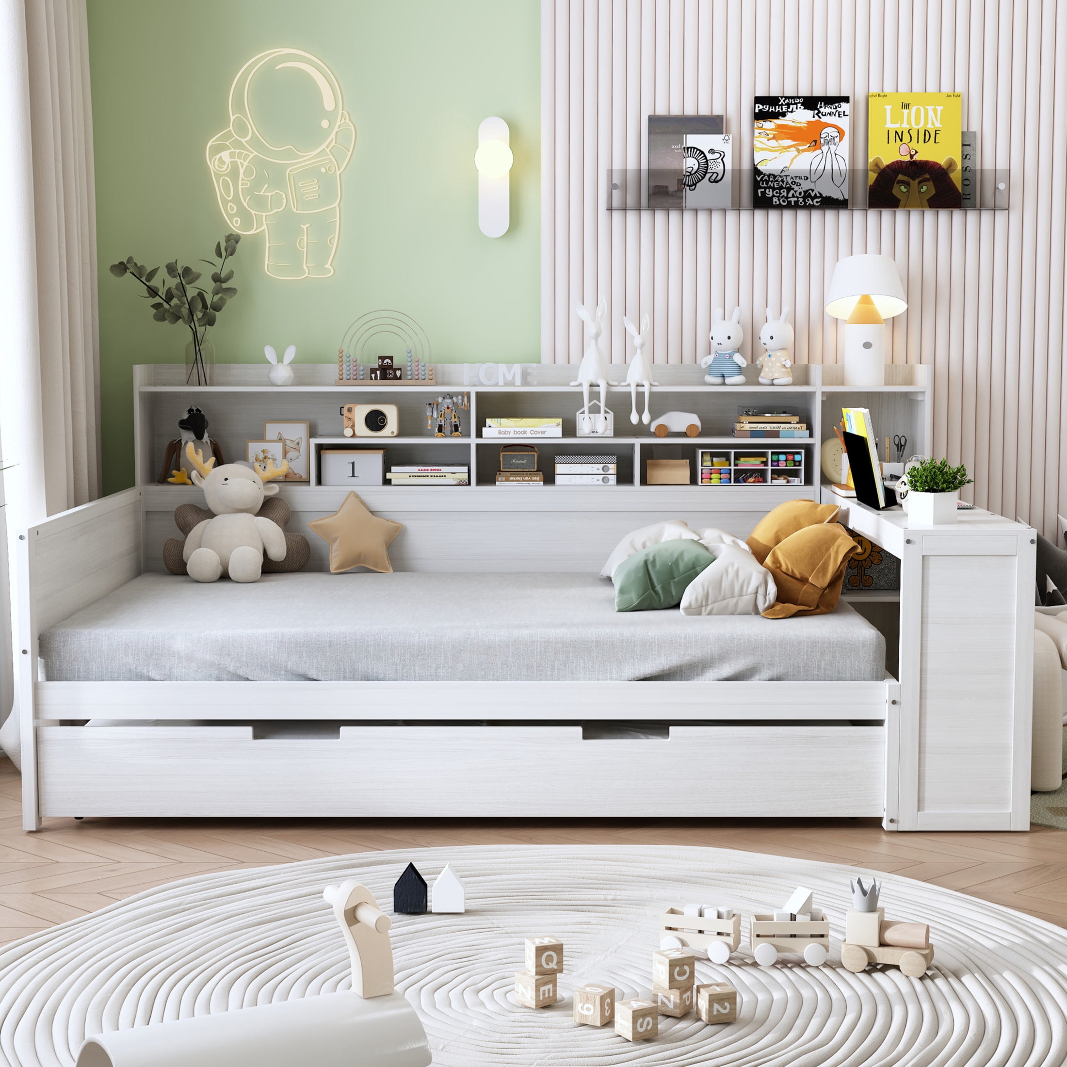 Noble House Full Size Daybed with Twin Trundle, Storage Shelves and Study Desk, Antique White