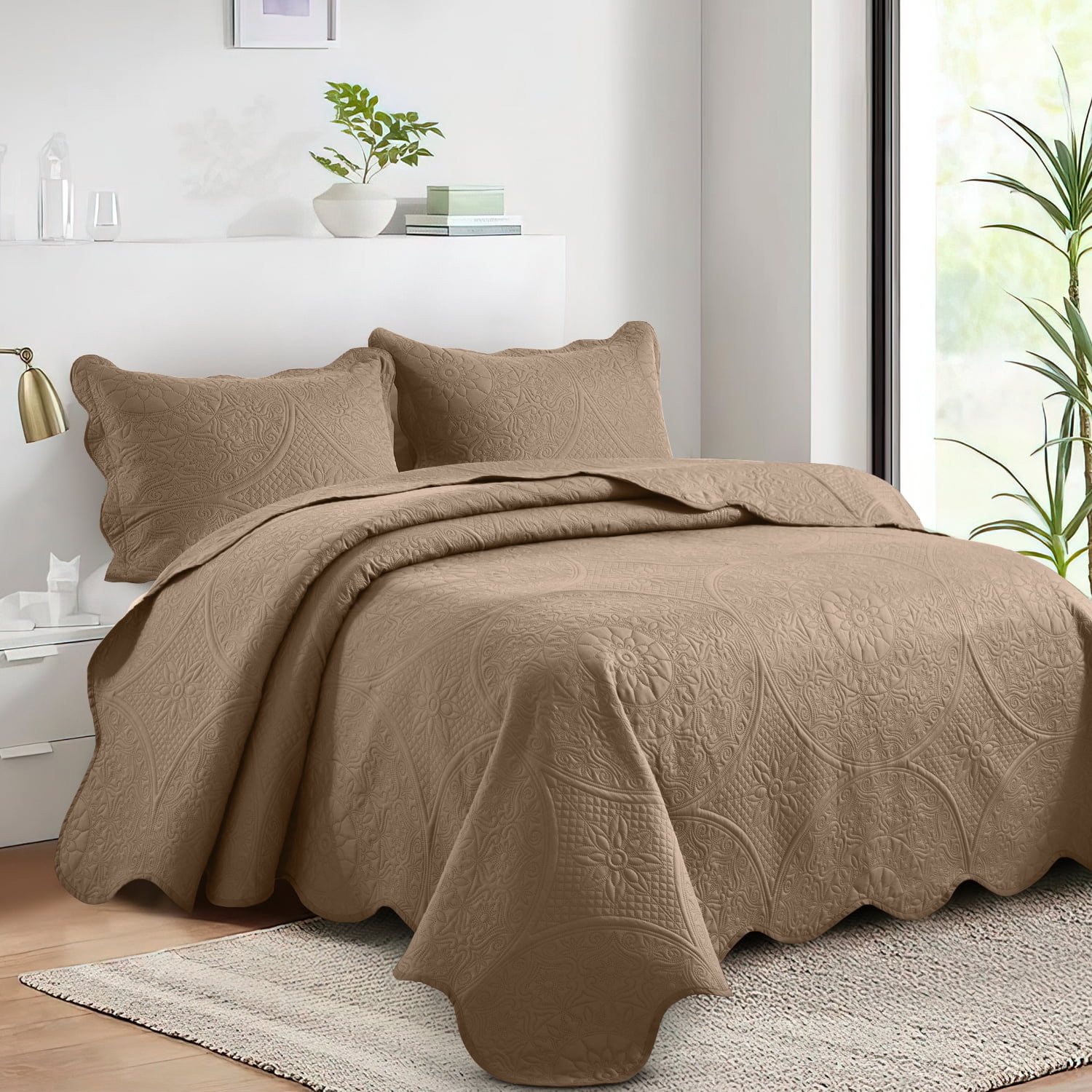 Moonlight20015 2 Piece Quilt Set Lightweight Microfiber Bedspread Modern Floral Embossing Beige Twin