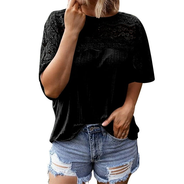 Women Solid Color Lace Crochet Cutout Short Sleeve Round Neck T-shirt Top