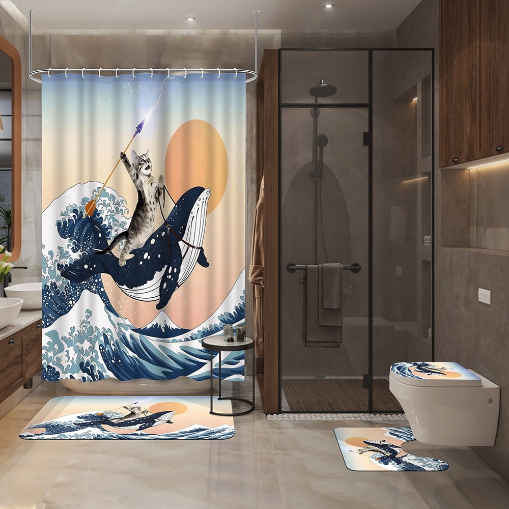 4pcs Funny Cat Riding Shark Ocean Shower Curtain Set for Bathroom