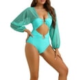 thumbnail image 4 of Bikini de mujer con corte en anillo y escote en V, traje de baño de una pieza con mangas largas y control de abdomen, color azul cian, tamaño X-Large, 4 of 5