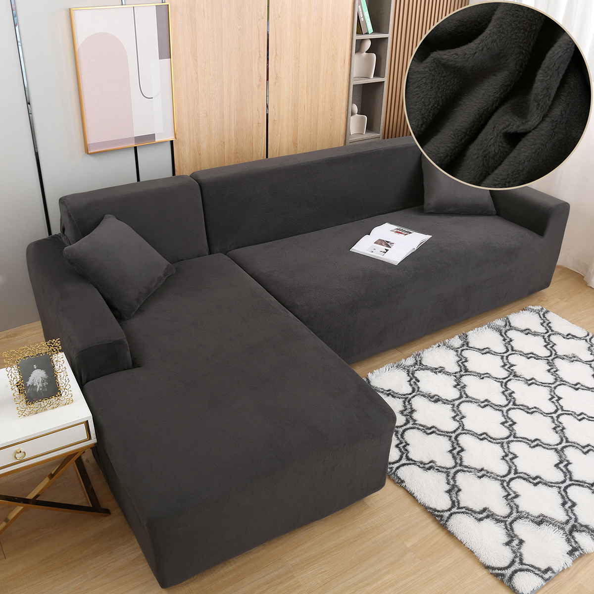 Eurhowing Sectional Couch Covers L-Shaped Sofa Covers, Velvet Super Stretch 2Pcs Sofa Slipcovers for 3 + 3 Seaters, Softness Corner Couch Cover, Dark Gray