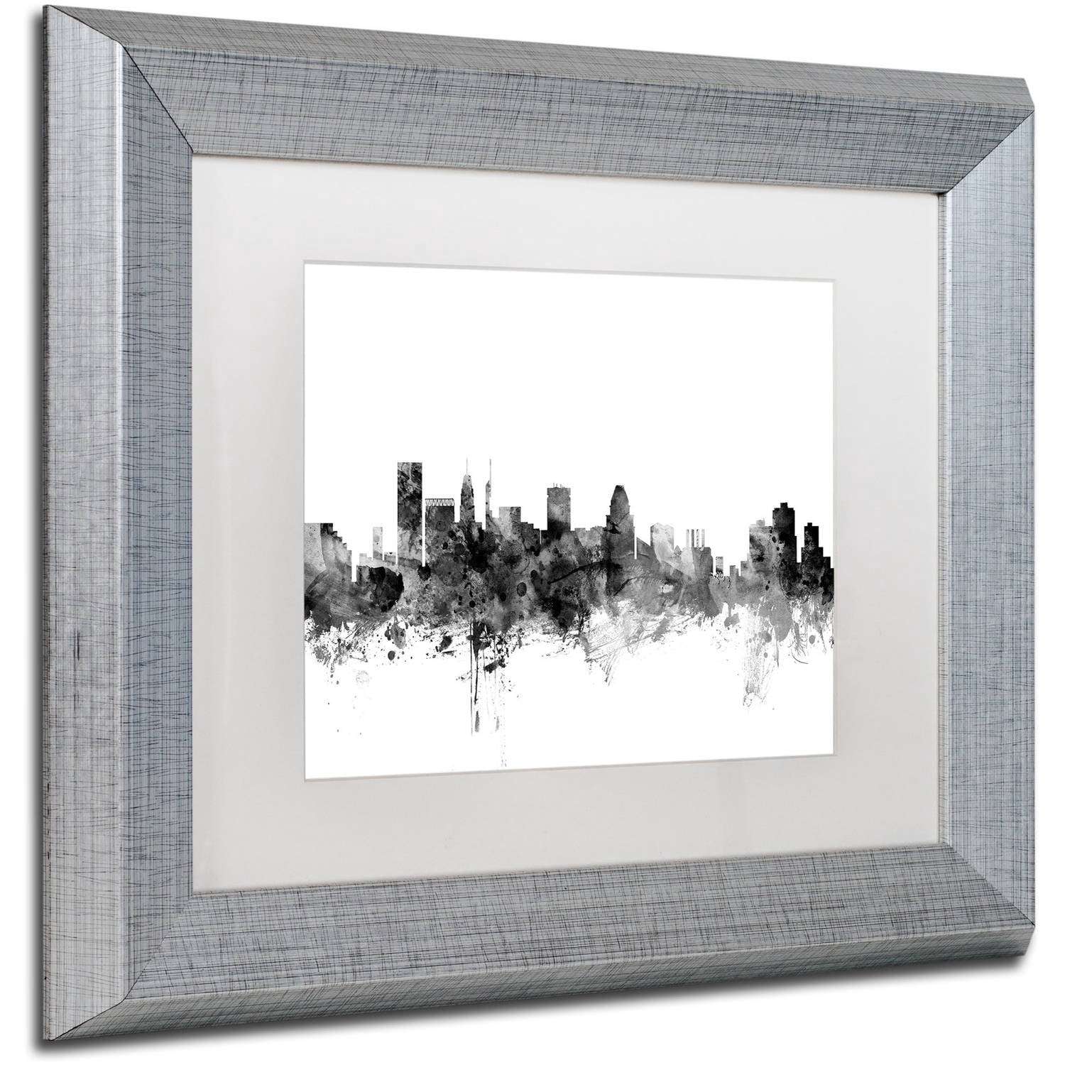 Trademark Fine Art "Baltimore Maryland Skyline B&W" Canvas Art by Michael Tompsett, White Matte, Silver Frame