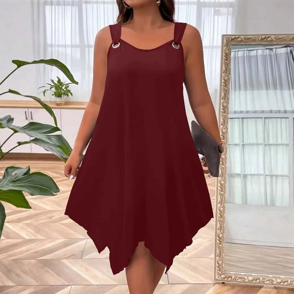 Karight Women's Plus Size Scoop Neck Sleeveless Asymmetrical Hem Flowy Midi Cami Dress