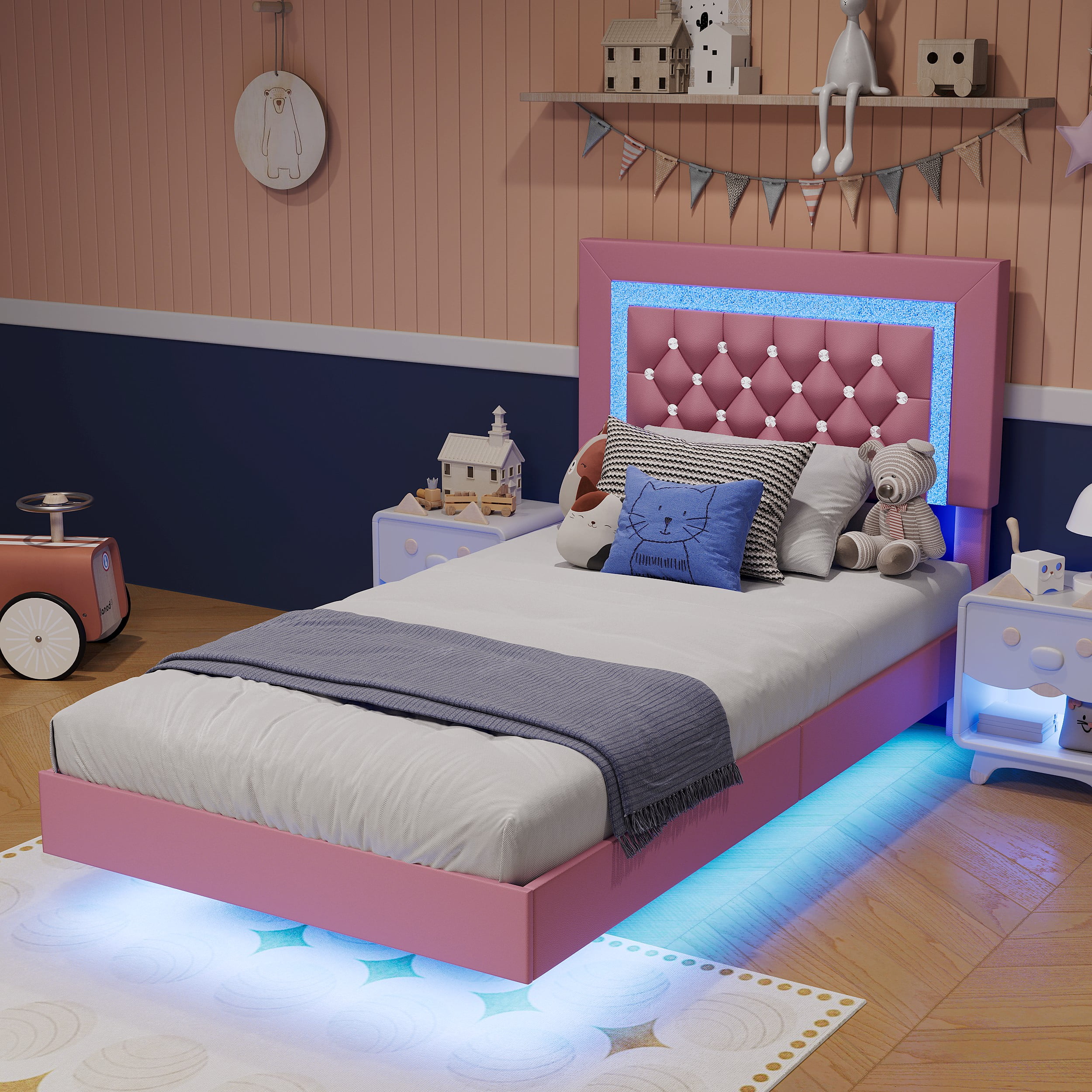 4 EVER WINNER Twin Size Floating Bed Frame with LED Lights, Upholstered Platform Bed Frame with Diamond Tufted Headboard, Pink Twin Size Bed Frame, Pink