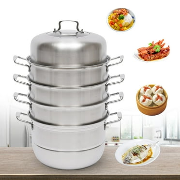 5-Tier 12.2in Glass Lid Steamer Pot Stainless Steel Steamer Pot Stockpot for Kitchen (0.6 Mm Thickness)