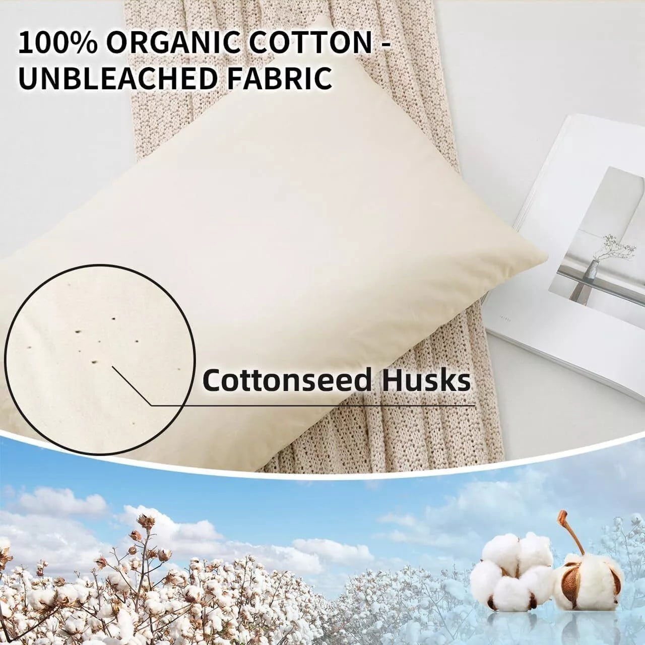 Orimono Elegance Buckwheat Pillow – 100% Organic Undyed Cotton Cover, Adjustable Firmness with Extra Filling – Neck & Back Support for Better Sleep