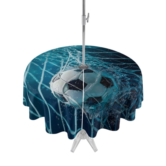 Outdoor Tablecloth with Umbrella Hole for Patio/Picnic/Party/Camping, Soccer Ball Waterproof Table Cloth Round Cover Washable, Splashing Water Sports Refreshing (Dia 60")