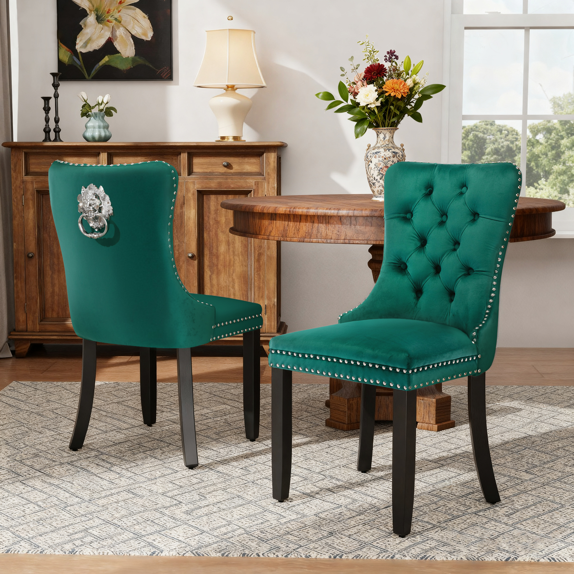 DONICK Velvet Upholstered Dining Chair Set of 6,Modern Tufted Kitchen Chairs Nailhead Lion Pull Ring Black Wood Legs(Black)