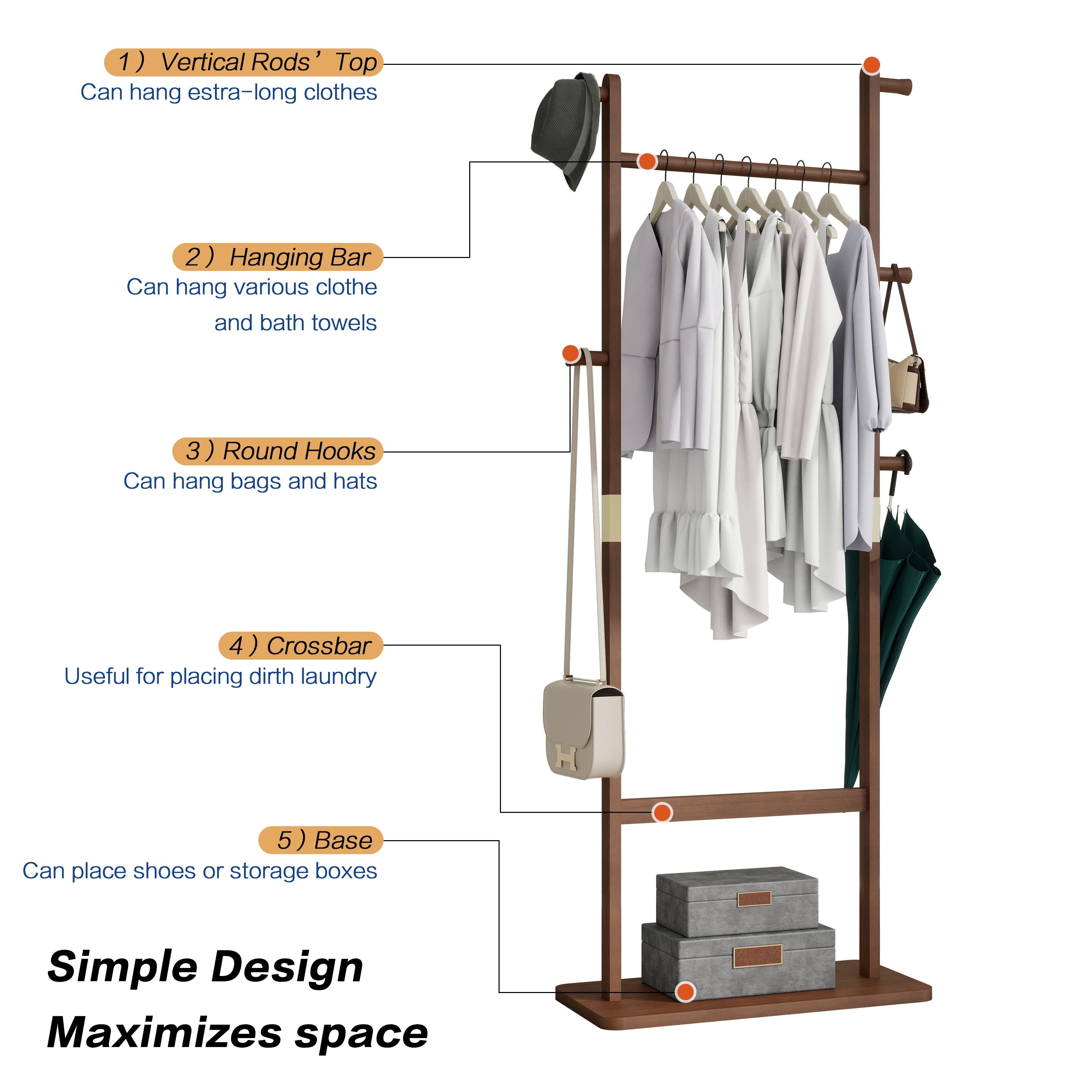 Garitin Coat Rack and Hall Tree 71 Inch, Solid Wood Freestanding Stand with Hooks and Hat Shelf for Entryway Living Room Bedroom, Walnut Rubber Wood
