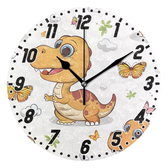 Cute Dinosaur and Butterfly Round Wall Clock Battery Operated Silent Non-Ticking Bedroom Office Kitchen Home School Decor 10"(Black)