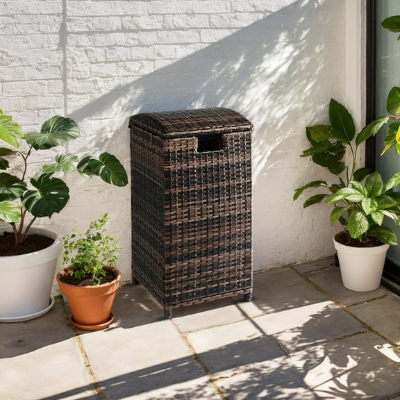 BAYUELSWU 33 Gallon Outdoor Wicker Trash Bin, Rattan Trash Can with Lid, Outdoor Rattan Wicker Trash Can for Patio, Kitchen, Deck, Poolside, Backyard, Office (Brown)