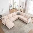 thumbnail image 1 of Large Beige Linen Sectional Sofa | 6-Seater Modular Corner Sofa with Storage Ottoman & USB Ports | Modern Living Room Seating, 1 of 14
